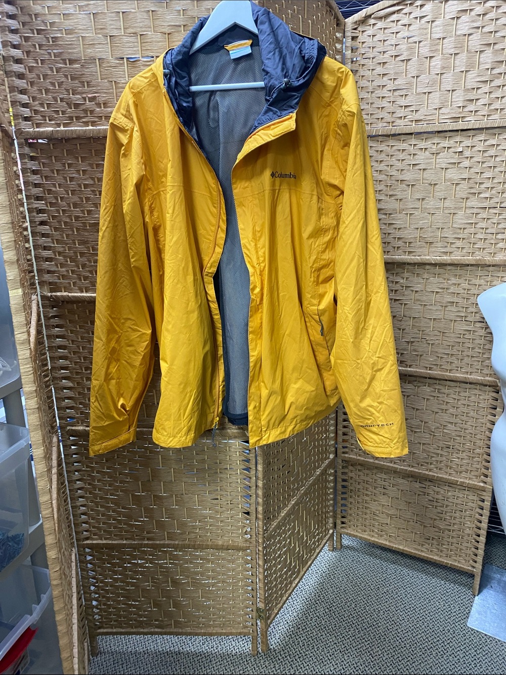 Columbia Yellow Hooded Packable Raincoat with Navy Trim